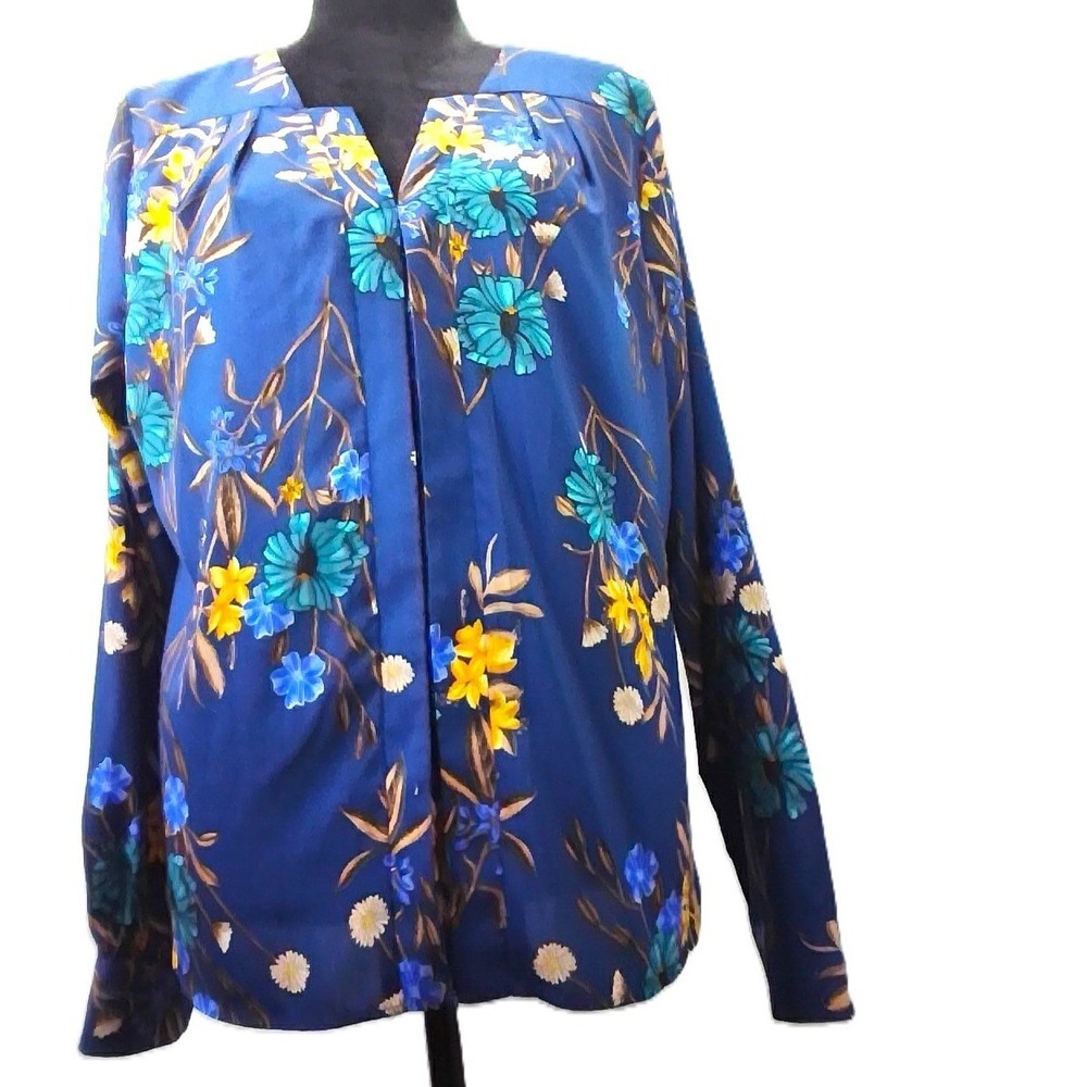 Calvin Klein XL Floral Blouse Navy Blue Long Sleeve Split Neck Top